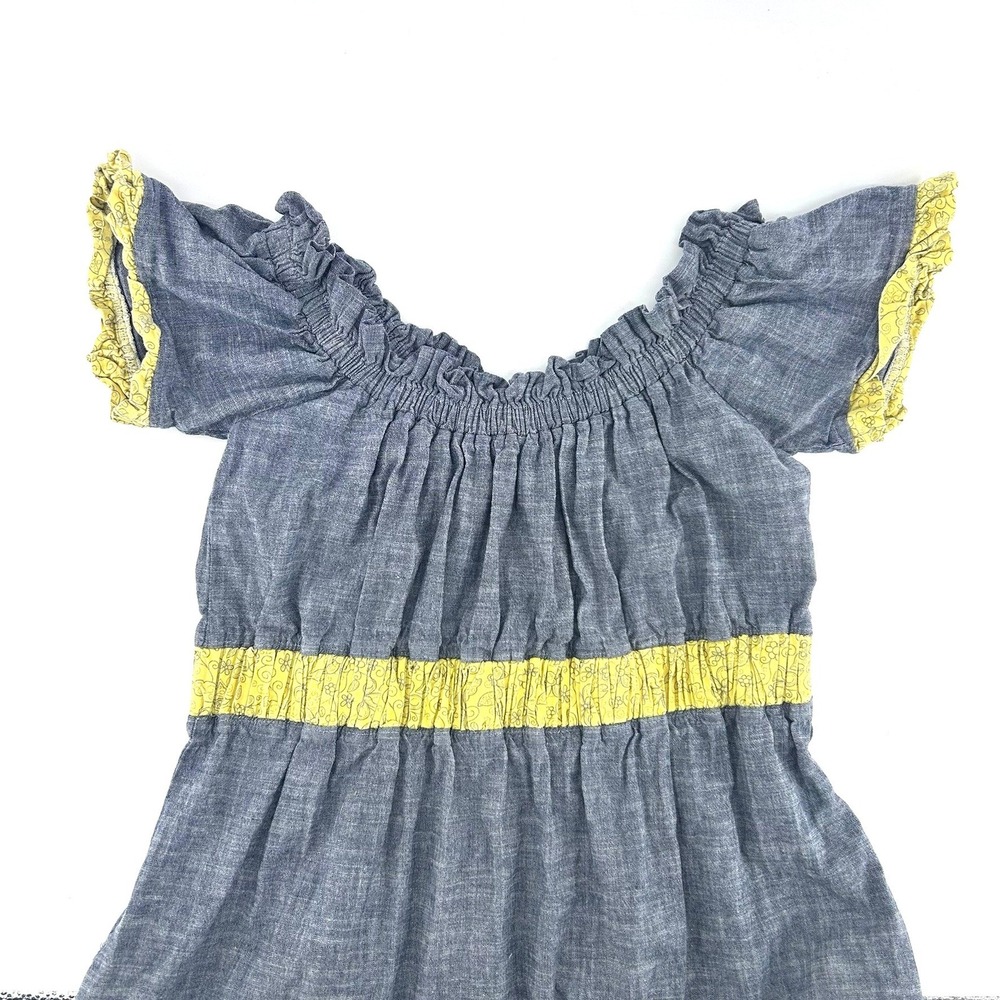 Twentyone Blue Chambray Ruffle Peasant Dress Sz S Yellow Floral Trim Made in USA